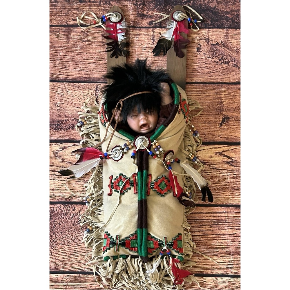 Vintage Native American Style Cradleboard Doll Beaded‎ & Feather Decor